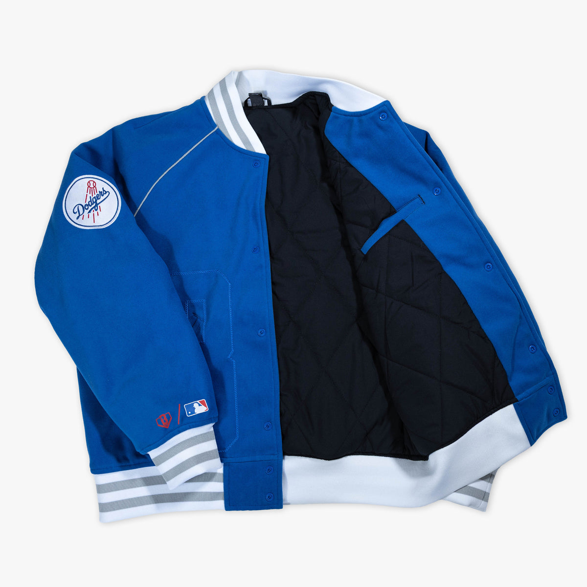 Blue Los Angeles Dodgers Stadium bomber jacket — inside lining view