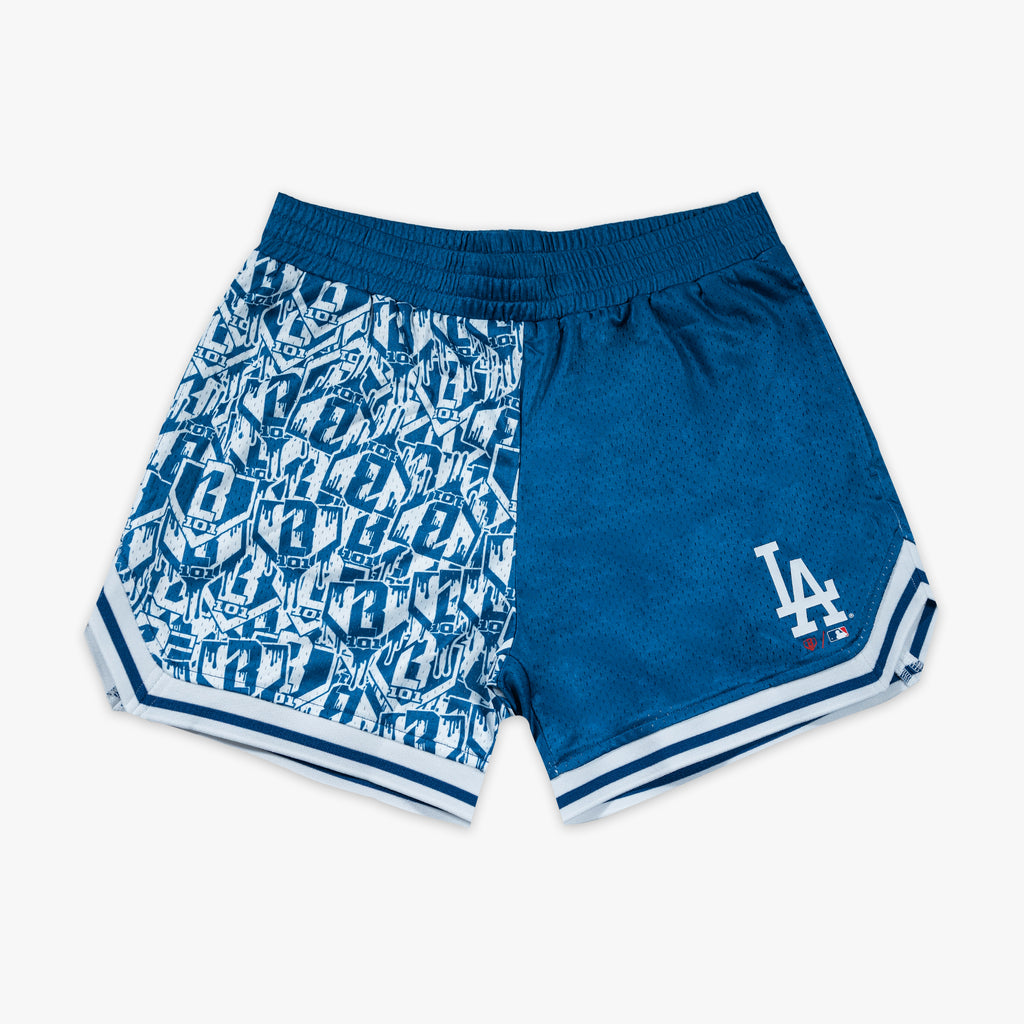 Blue shorts with "Los Angeles Dodgers Sticker Court" design - front view