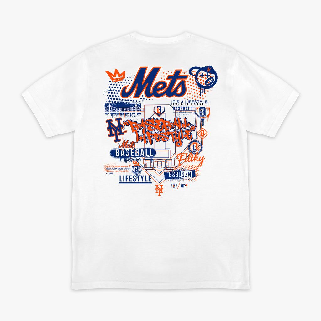 White graphic tee with "New York Mets Drip" design — back view
