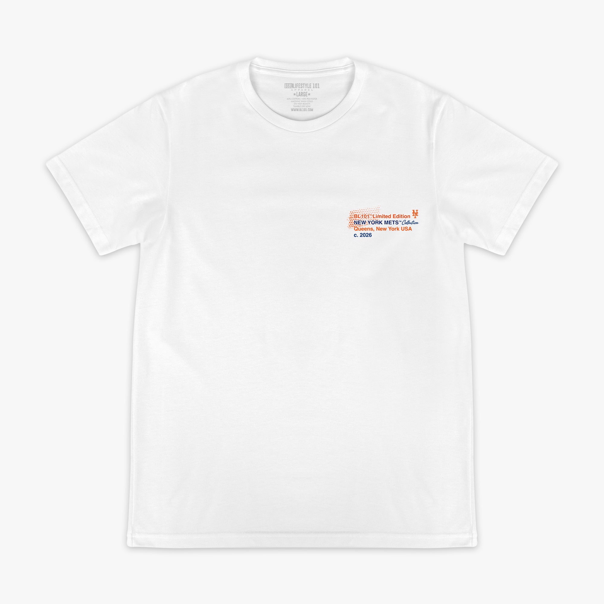 White graphic tee with "New York Mets Drip" design — front view