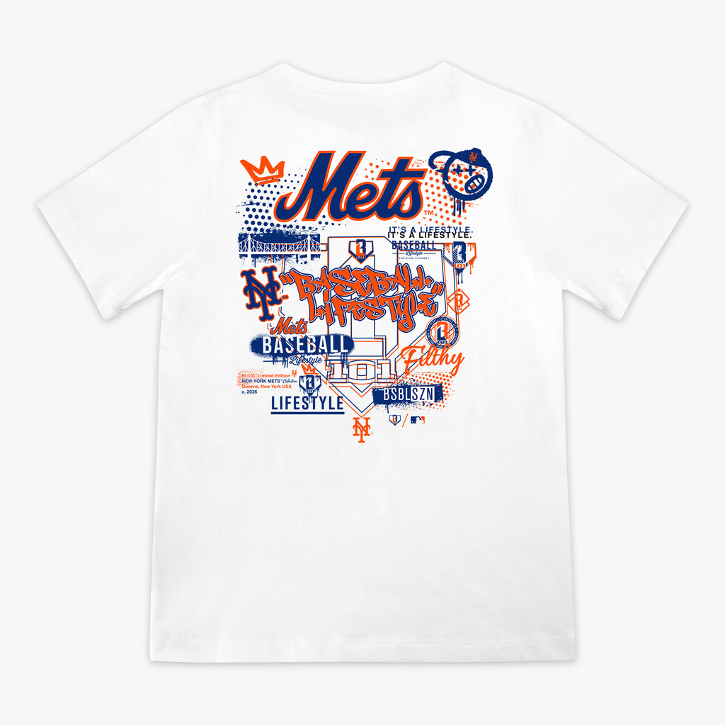 White youth graphic tee with "New York Mets Drip" design — back view