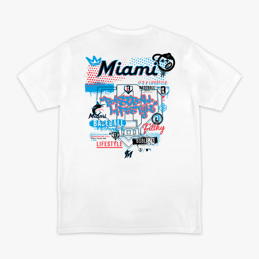 Graphic tee with “Miami Marlins Drip” design — back view