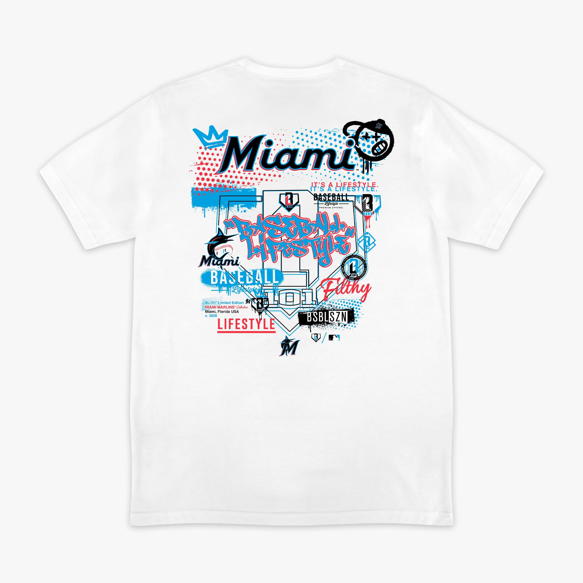 Graphic tee with “Miami Marlins Drip” design — back view