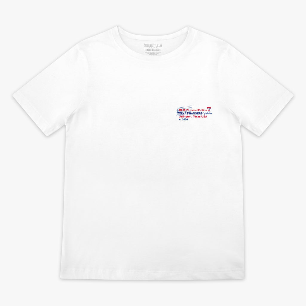 Youth graphic tee with “Texas Rangers Drip” design — front view