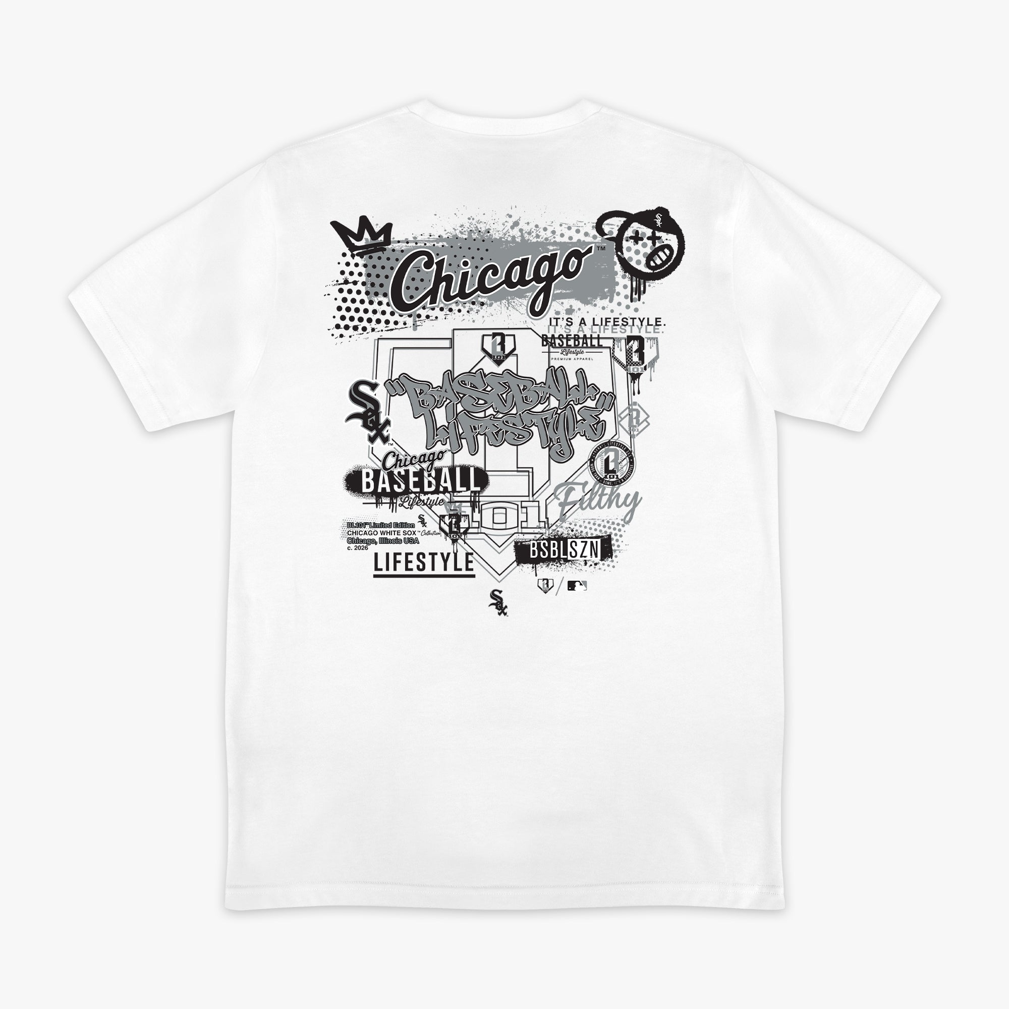 Graphic tee with “Chicago White Sox Drip” design — back view