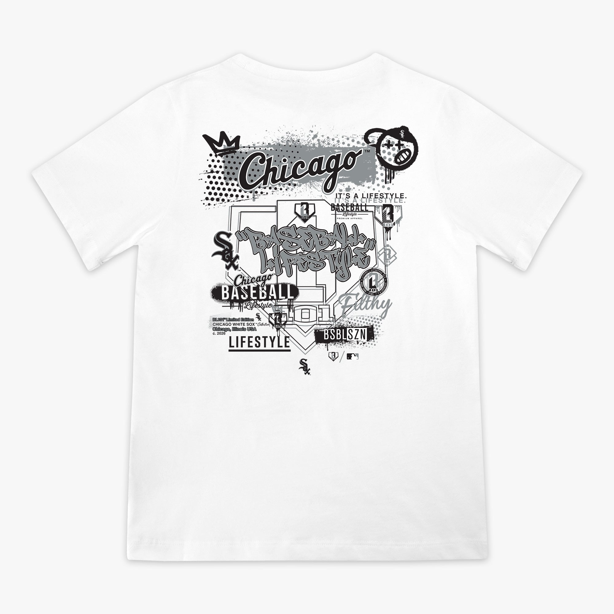 Youth graphic tee with “Chicago White Sox Drip” design — back view