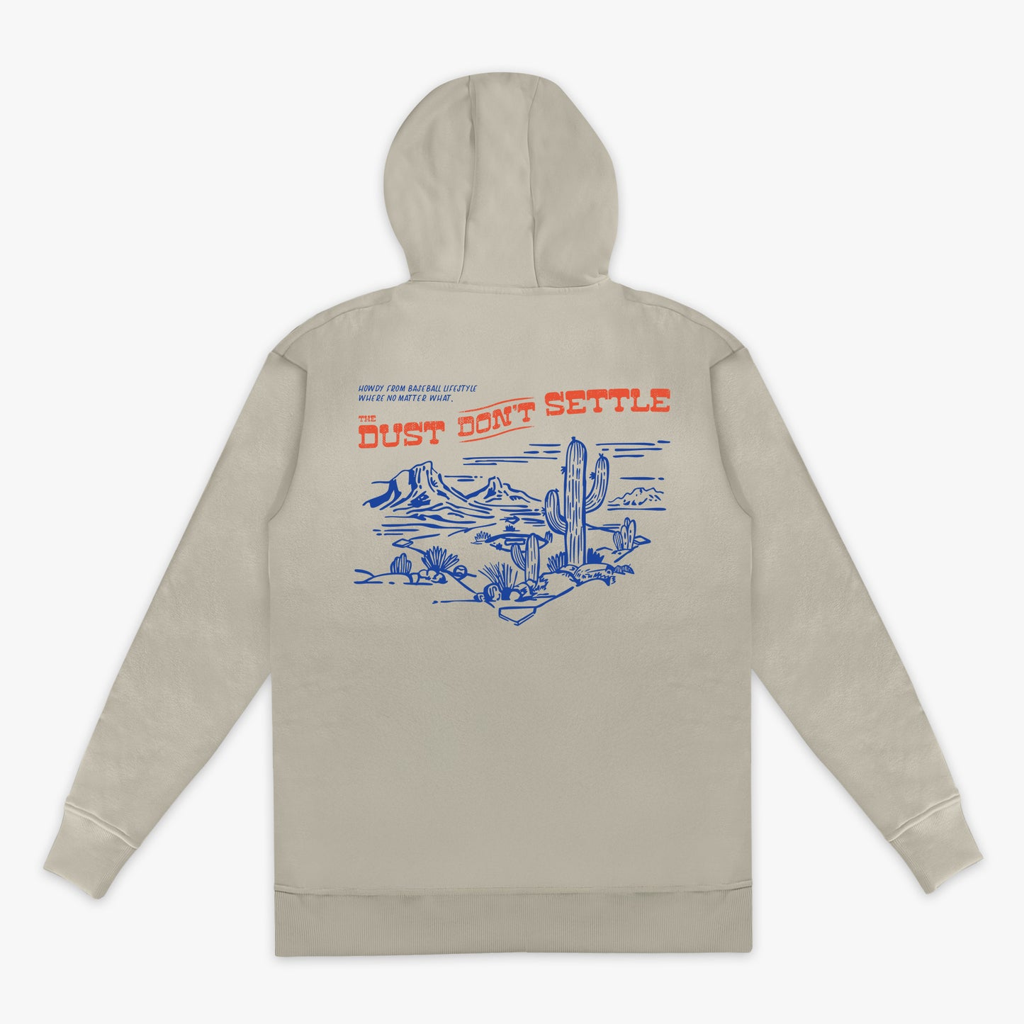 Beige hoodie with desert graphic and text on the back against a white background