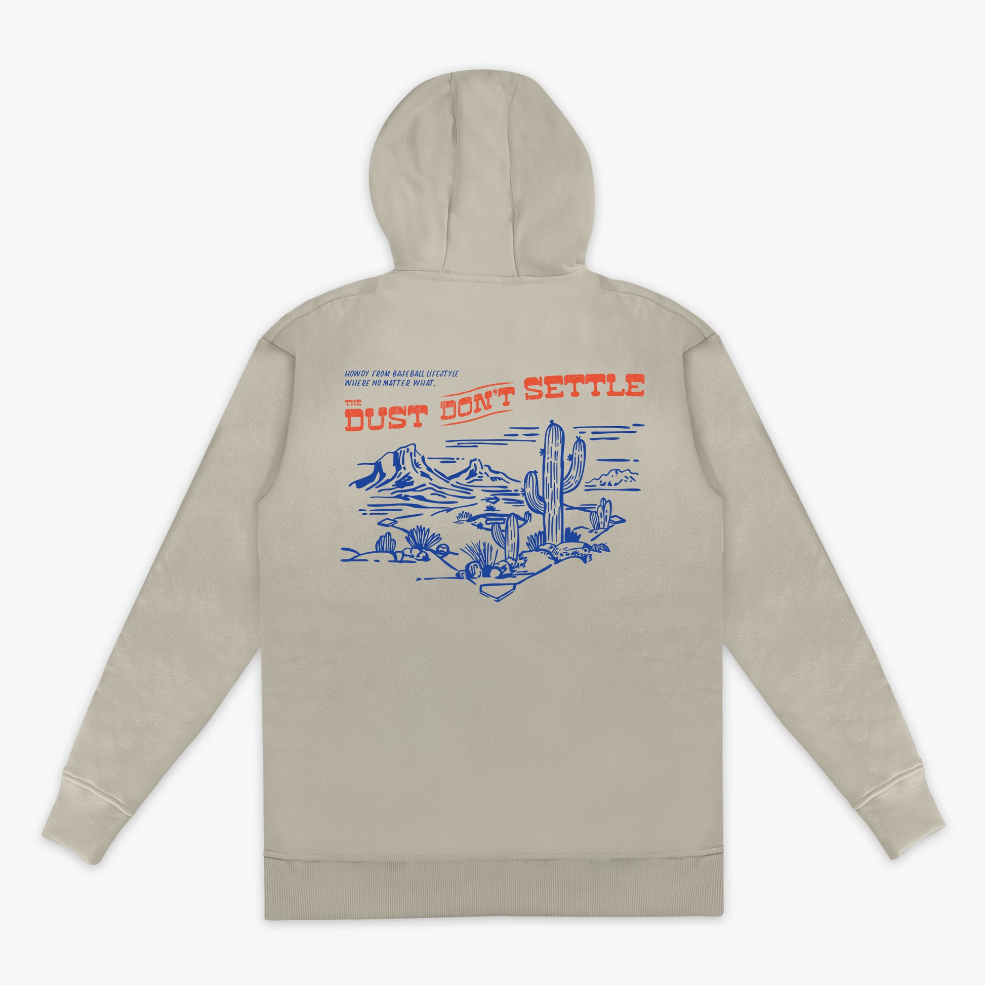 Beige hoodie with desert graphic and text on the back against a white background