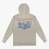Beige hoodie with desert graphic and text on the back against a white background