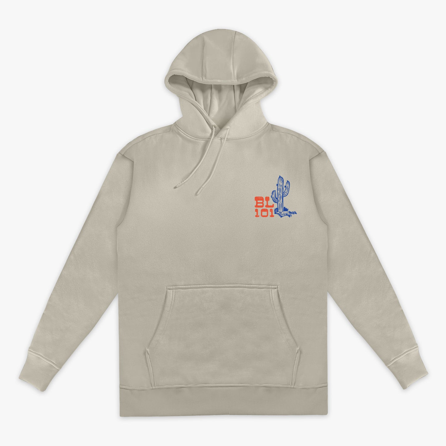 Beige hoodie with a colorful graphic on the chest against a white background
