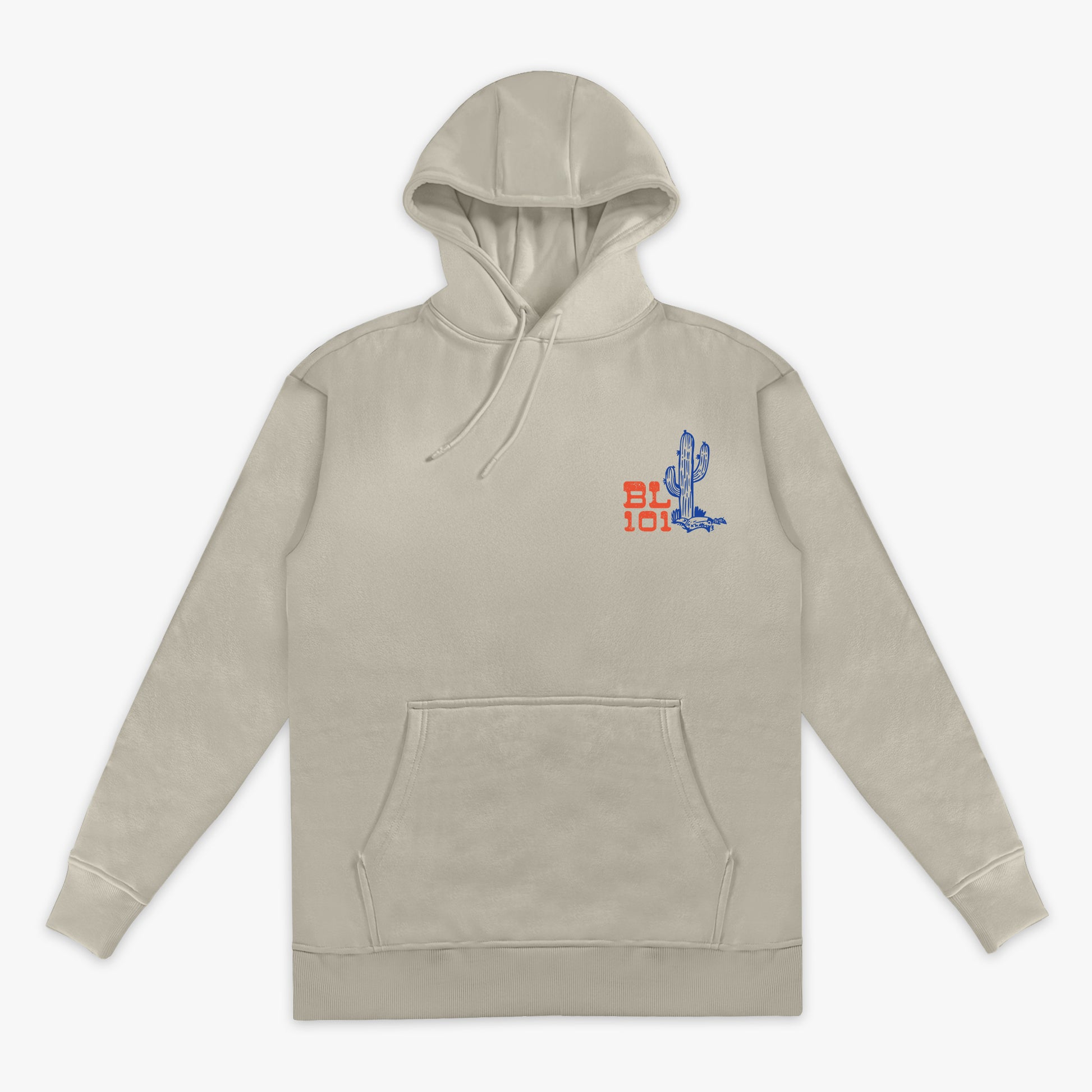 Beige hoodie with a colorful graphic on the chest against a white background