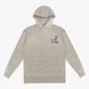 Beige hoodie with a colorful graphic on the chest against a white background