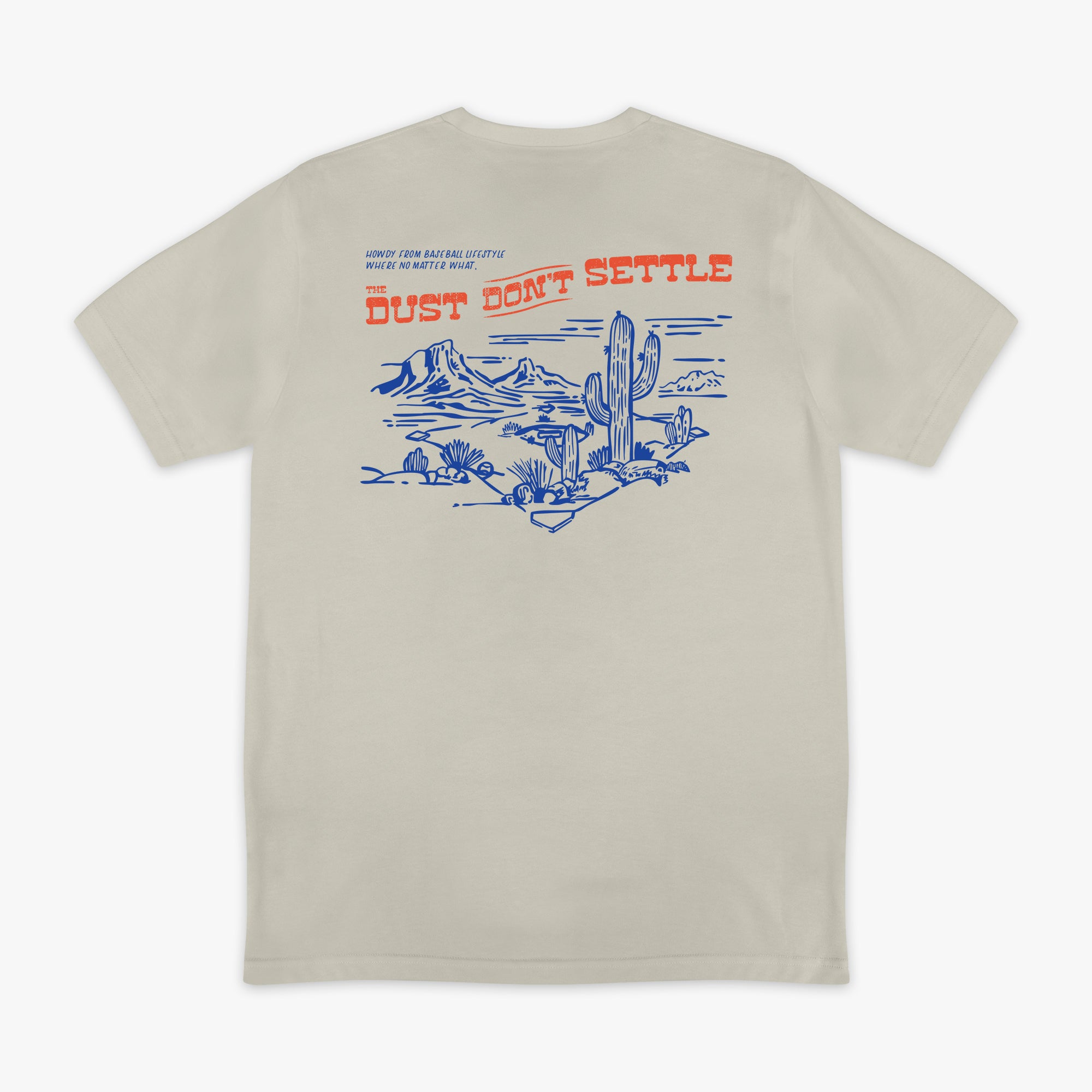 Beige t-shirt with desert graphic and text on a white background