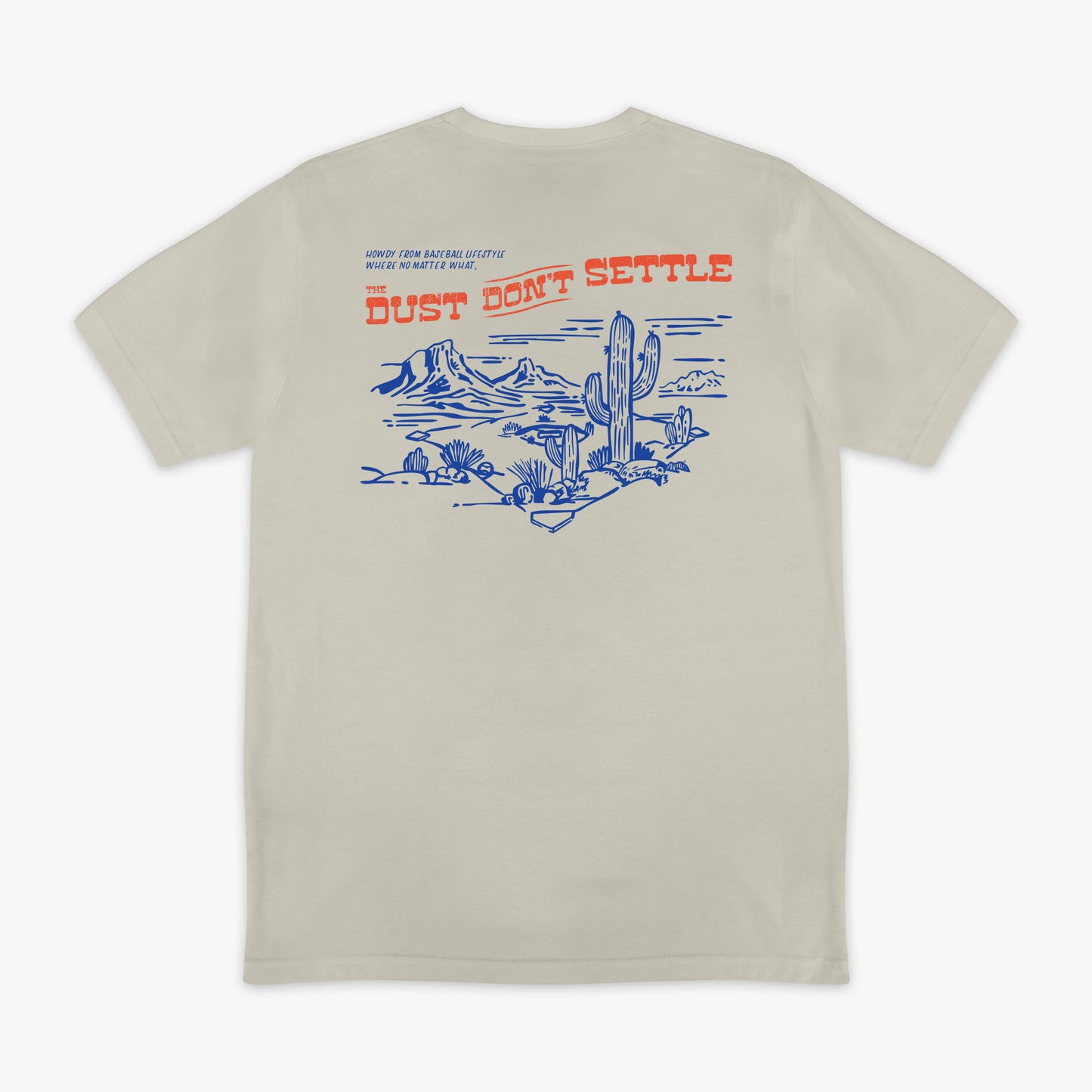 Beige t-shirt with desert graphic and text on a white background