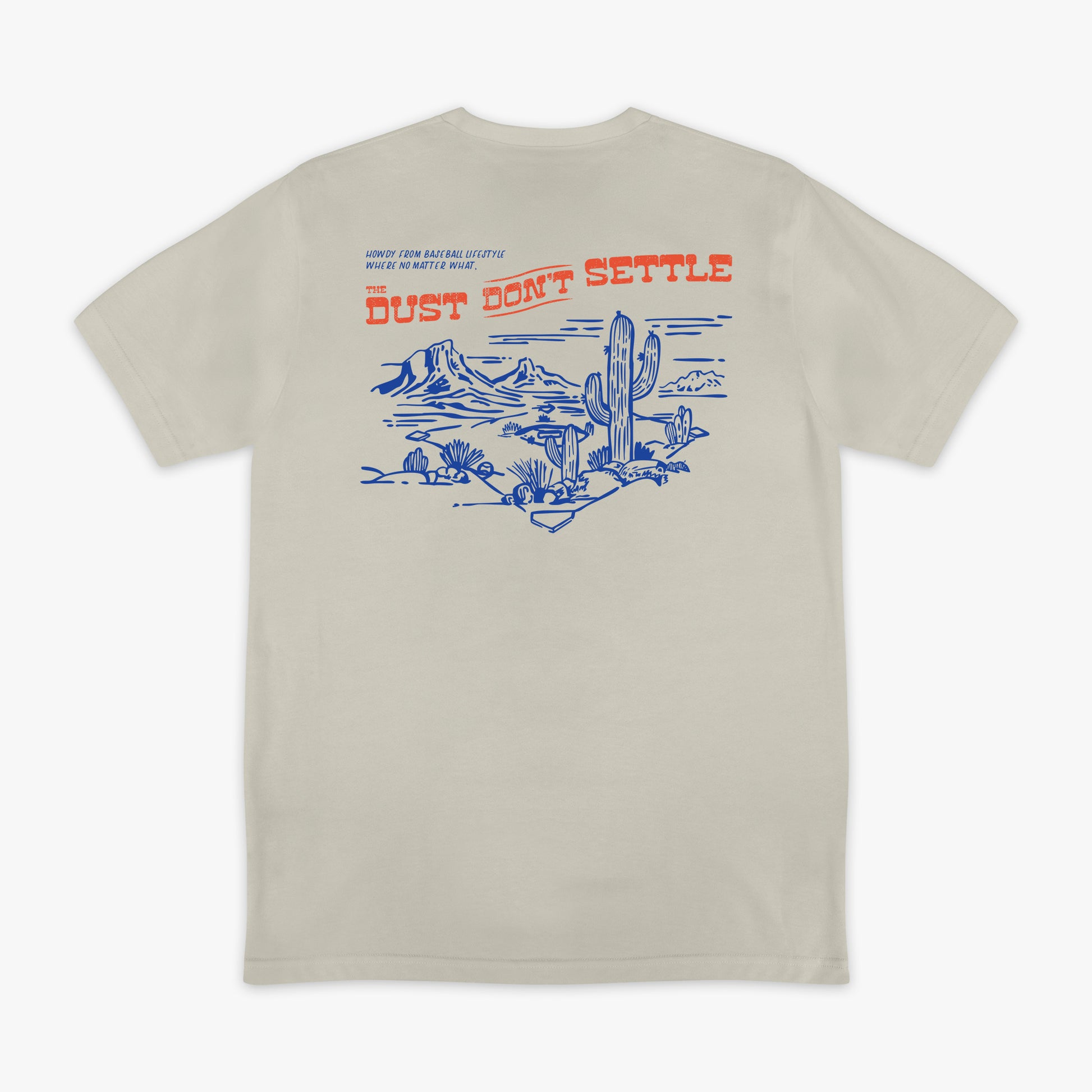 Beige t-shirt with desert graphic and text on a white background