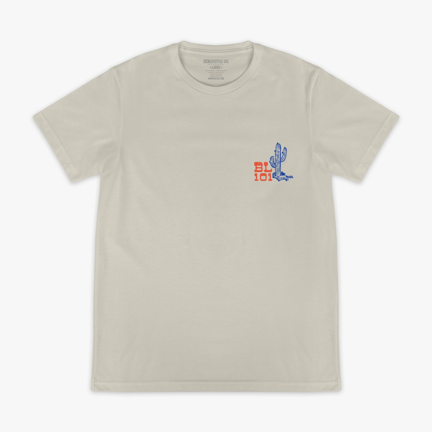 Beige t-shirt with a cactus graphic on the chest and BL101 text against a white background