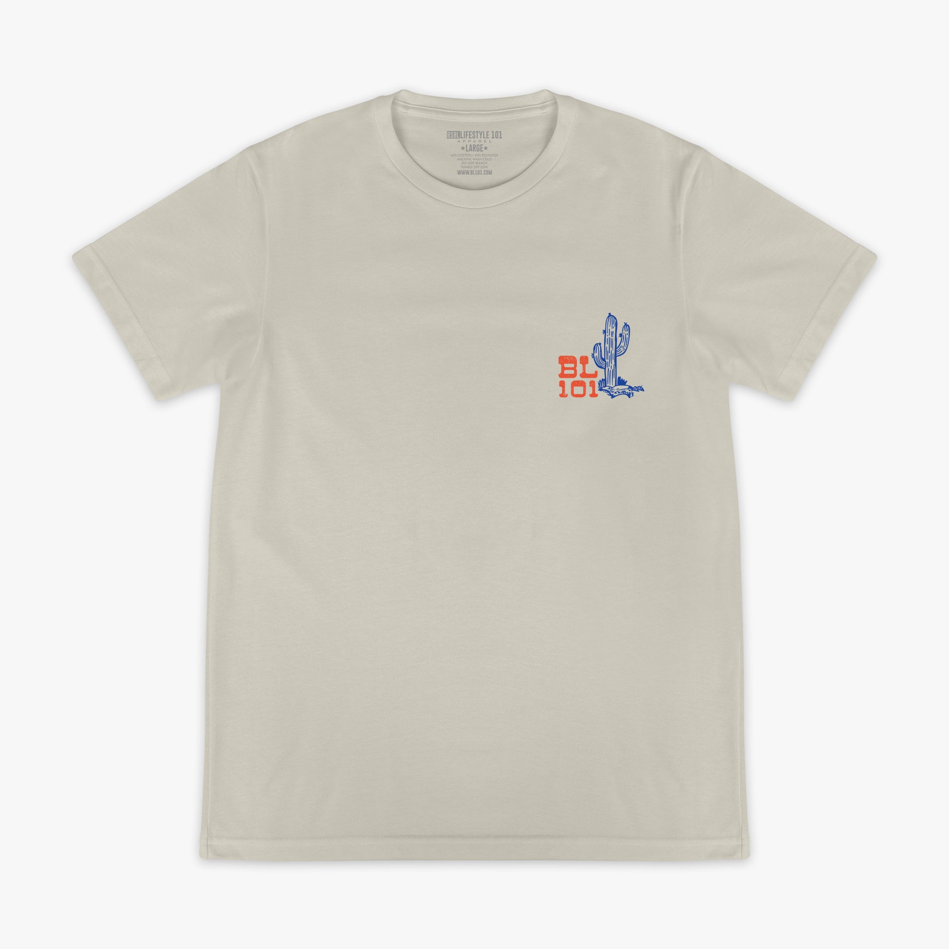 Beige t-shirt with a cactus graphic on the chest and BL101 text against a white background