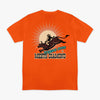 Orange t-shirt with a graphic of a person riding a bucking bronco and 'Where Dust Meets Diamond' text on a white background