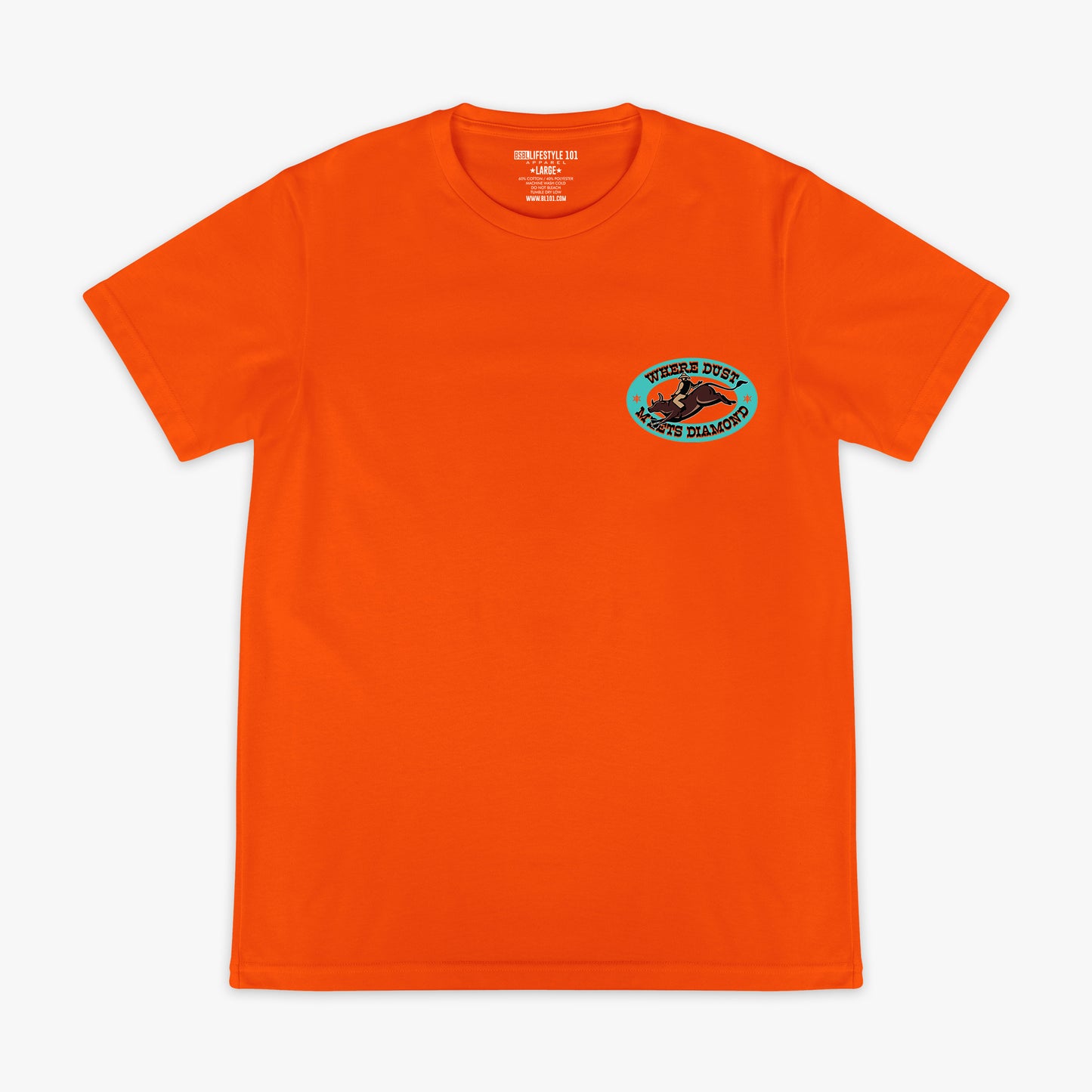 Orange t-shirt with a small 'Where Dust Meets Diamond' logo on the chest against a white background