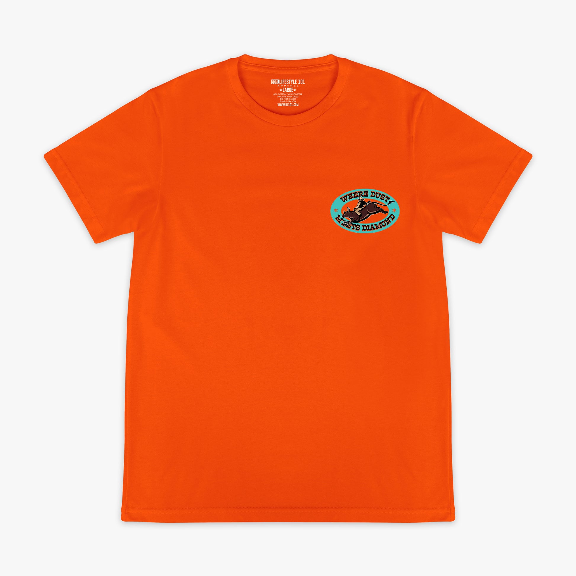 Orange t-shirt with a small 'Where Dust Meets Diamond' logo on the chest against a white background