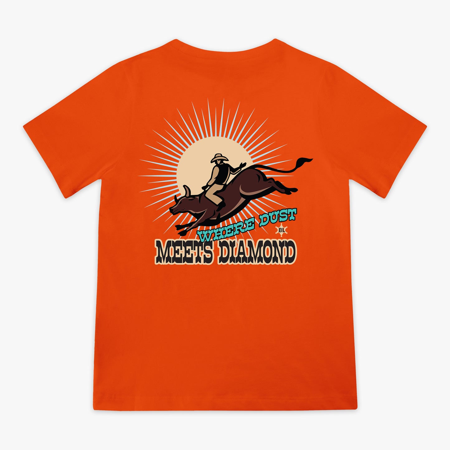 Orange t-shirt with a graphic of a person riding a bucking bronco and 'Where Dust Meets Diamond' text on a white background
