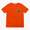 Orange t-shirt with a small 'Where Dust Meets Diamond' logo on the chest against a white background