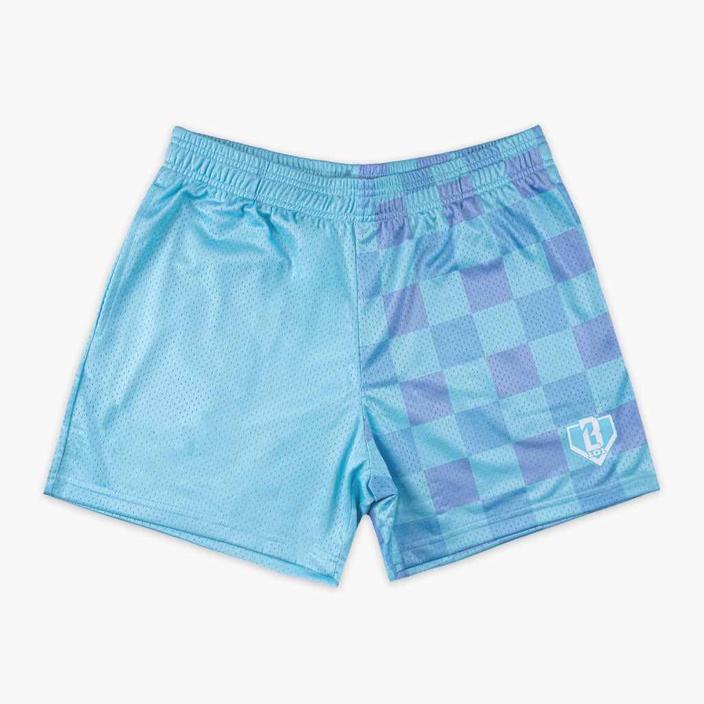 Half blue and half checkered shorts on a white background
