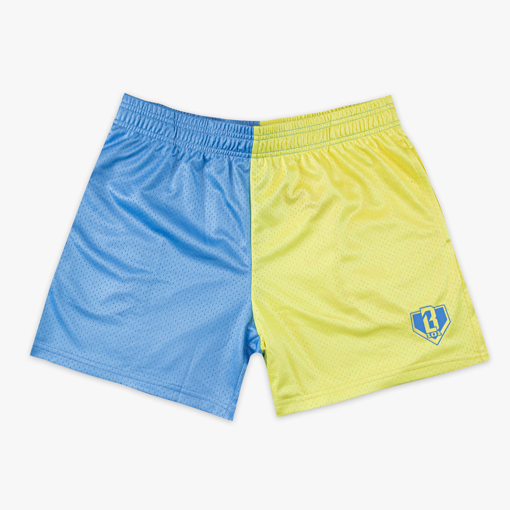 Blue and yellow shorts with a BL101 logo on a white background