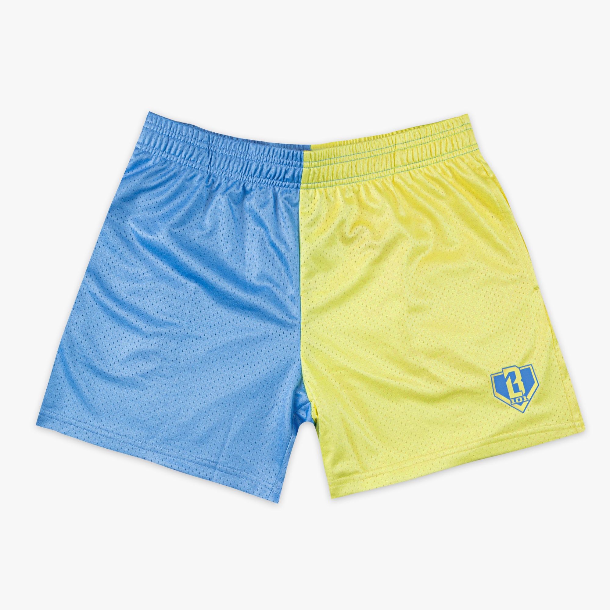 Blue and yellow shorts with a BL101 logo on a white background