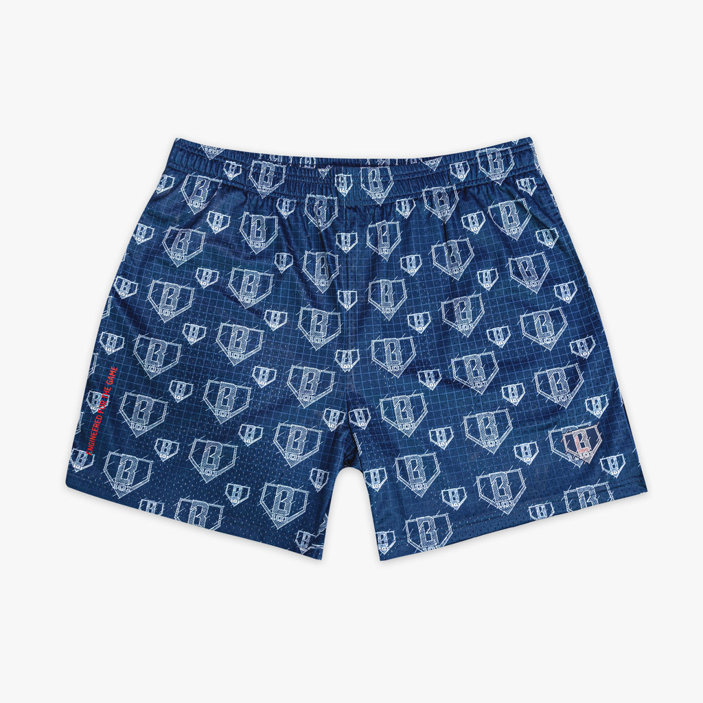 Blue shorts with white BL101 graphic pattern on a white background