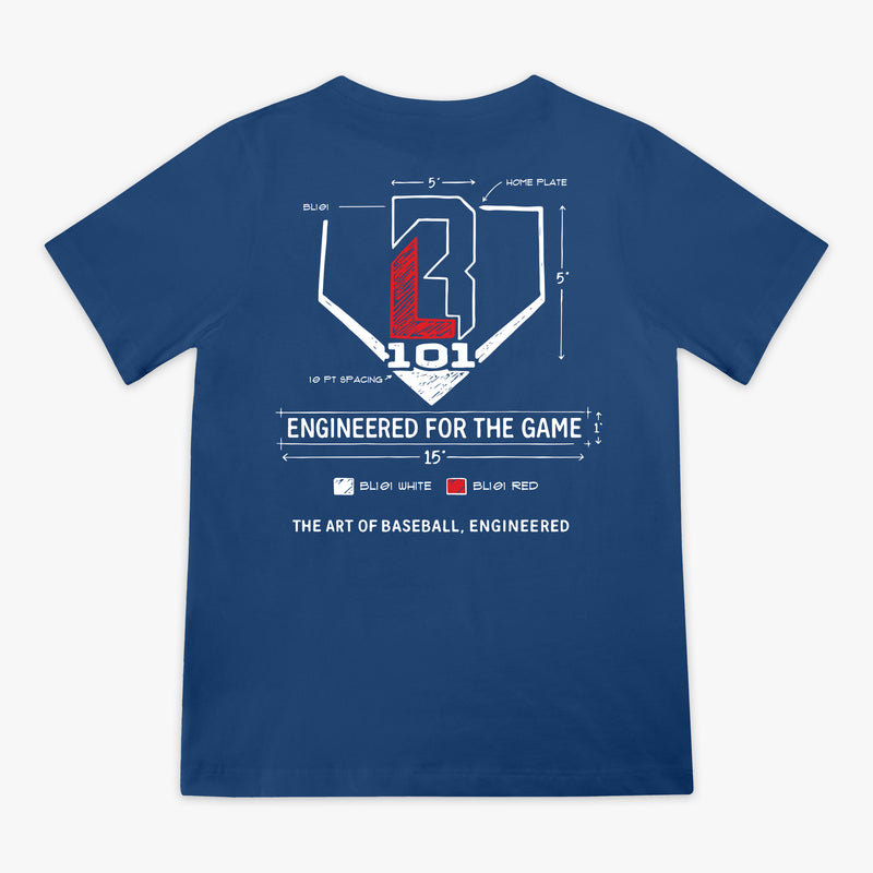 Blue t-shirt with a BL101 logo and "Engineered for the game" text on a white background