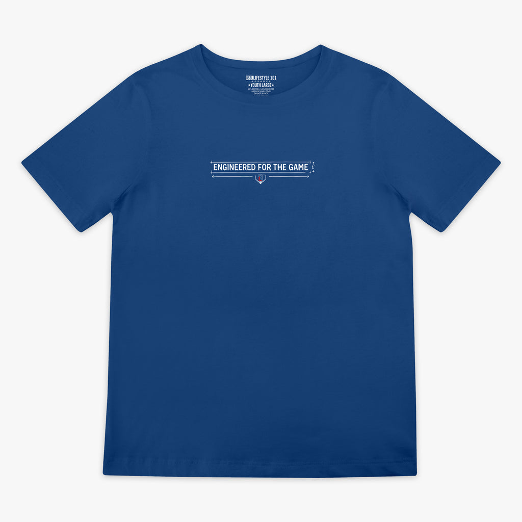 Blue t-shirt with text 'Engineered for the Game' on a white background
