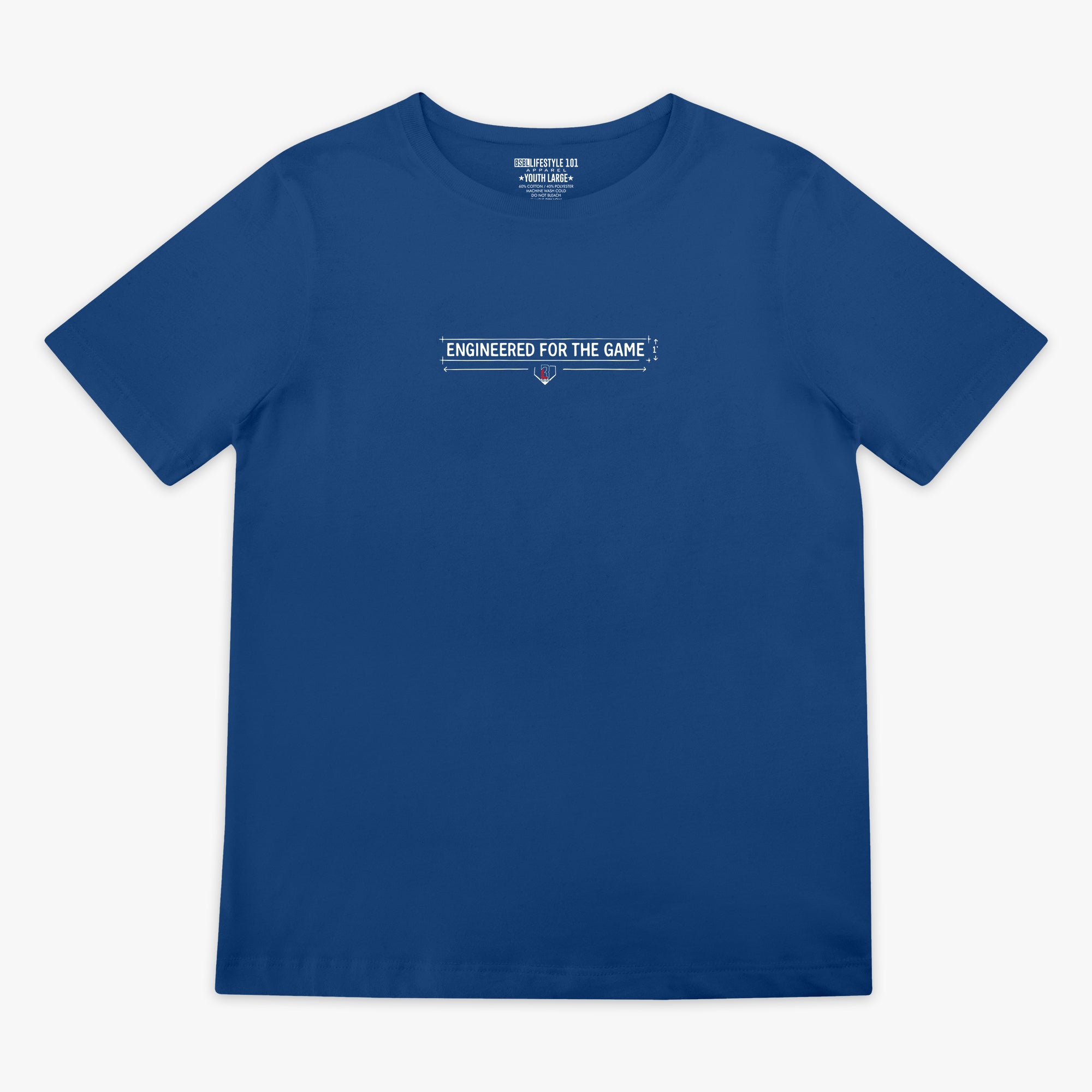 Blue t-shirt with text 'Engineered for the Game' on a white background