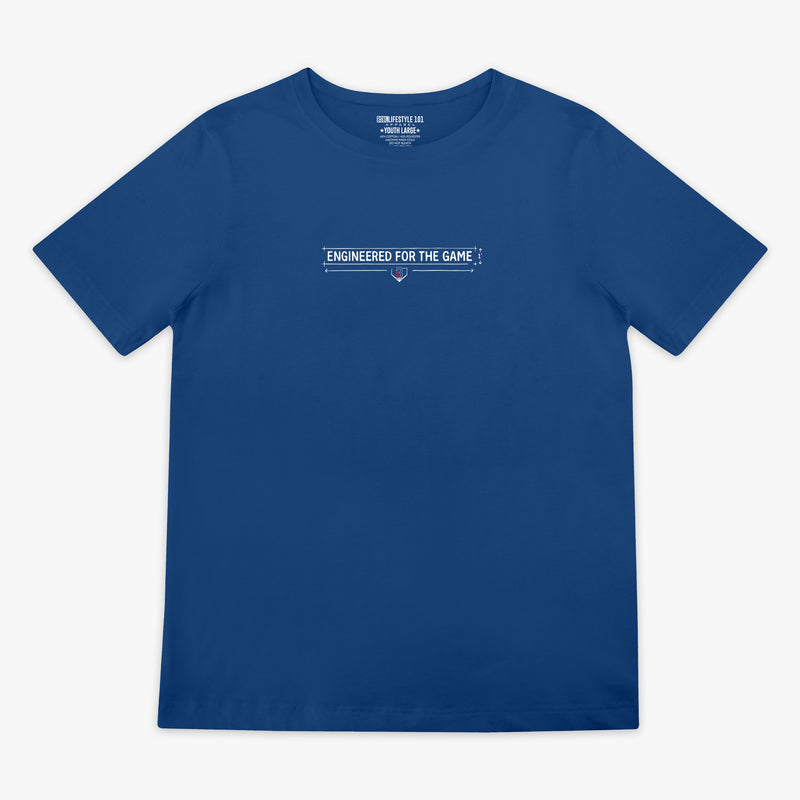 Blue t-shirt with text 'Engineered for the Game' on a white background