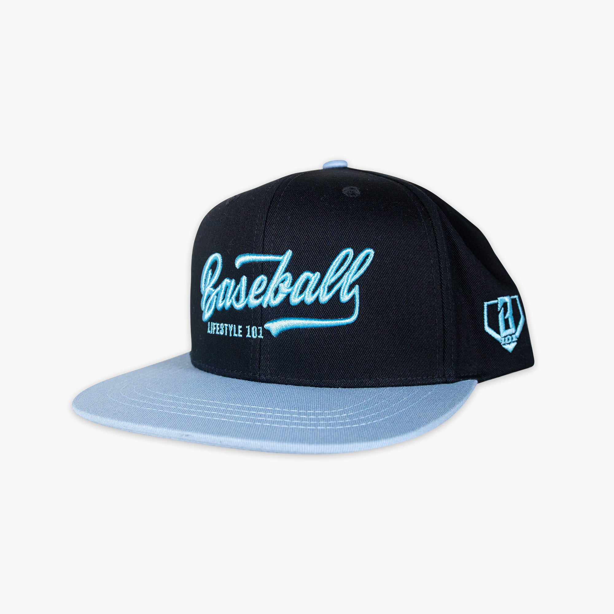 Black and blue baseball cap with 'Baseball Lifestyle 101' text 
and BL101 logo on a white background