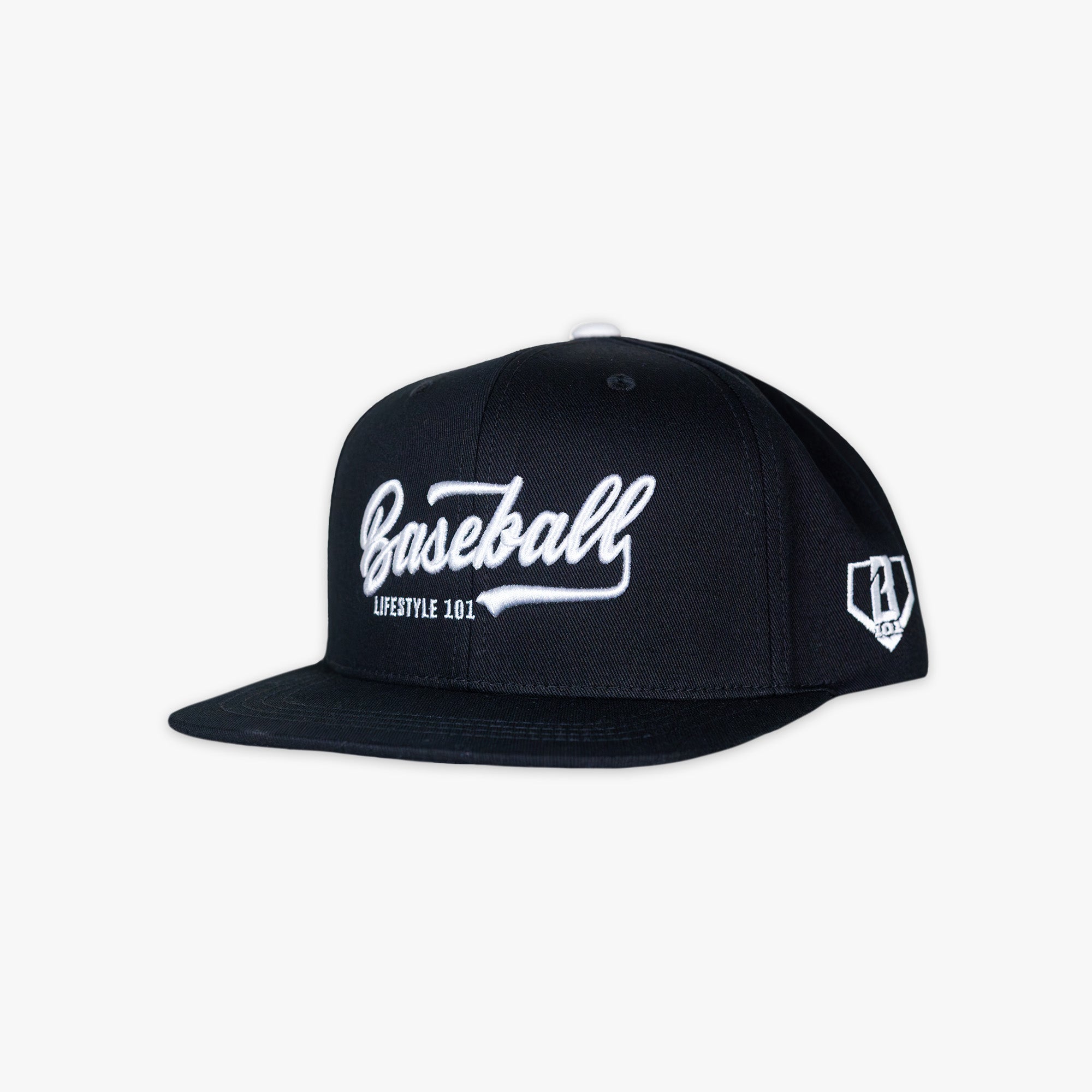Black baseball cap with white 'Baseball Lifestyle 101' text on a white background