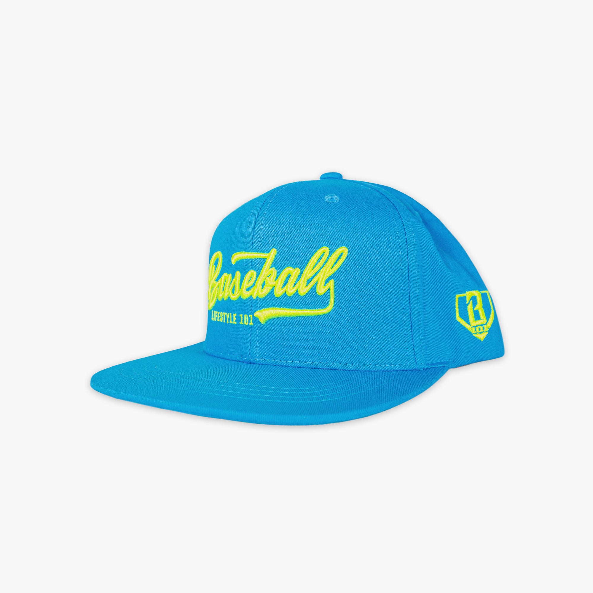 Blue baseball cap with yellow 'Baseball Lifestyle' text and logo on a white background