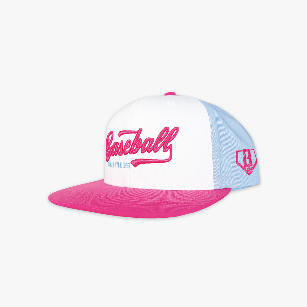 White, pink and blue Baseball Cap with pink and blue Baseball Lifestyle 101 text on a white background