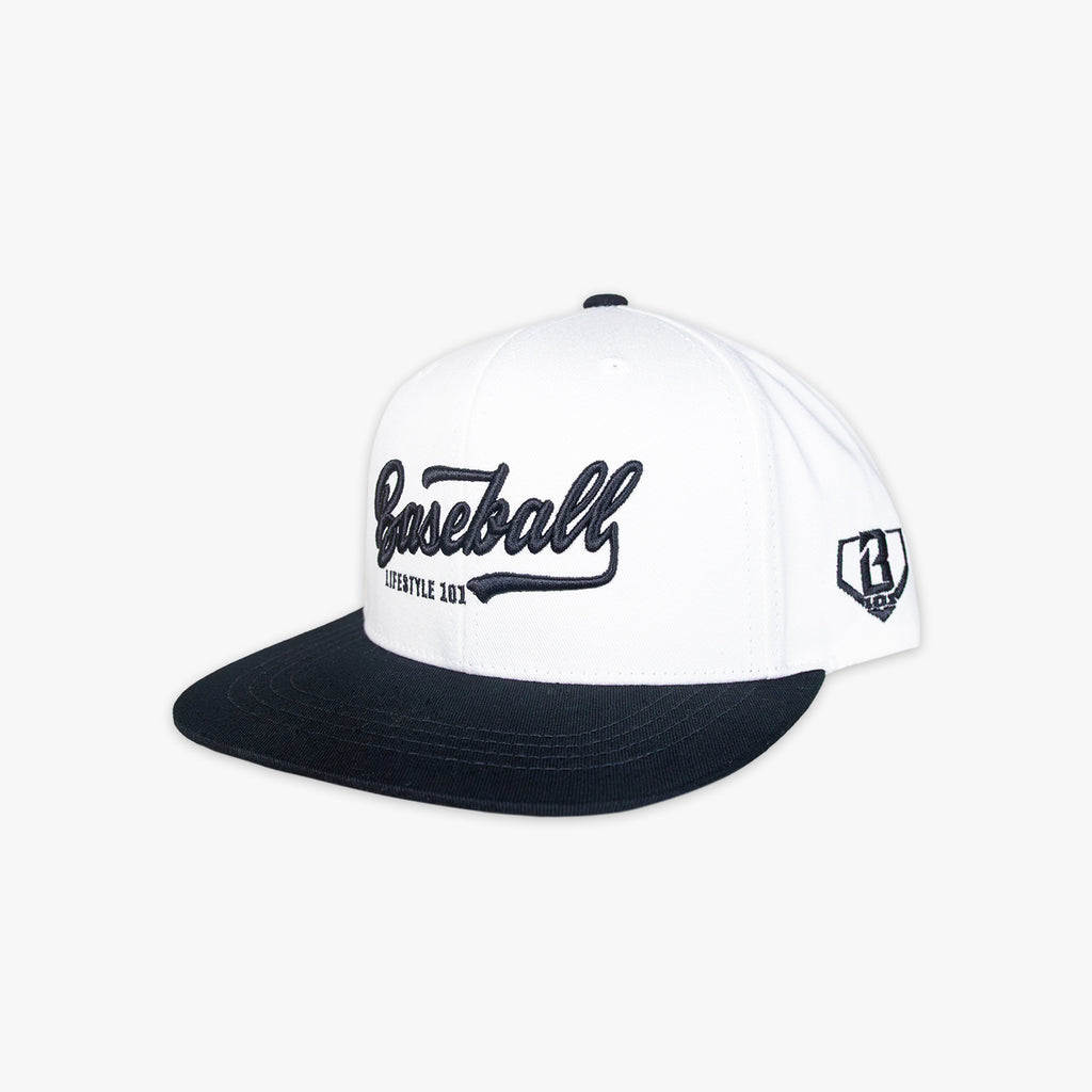 White and black baseball cap with 'Baseball Lifestyle' text on a white background