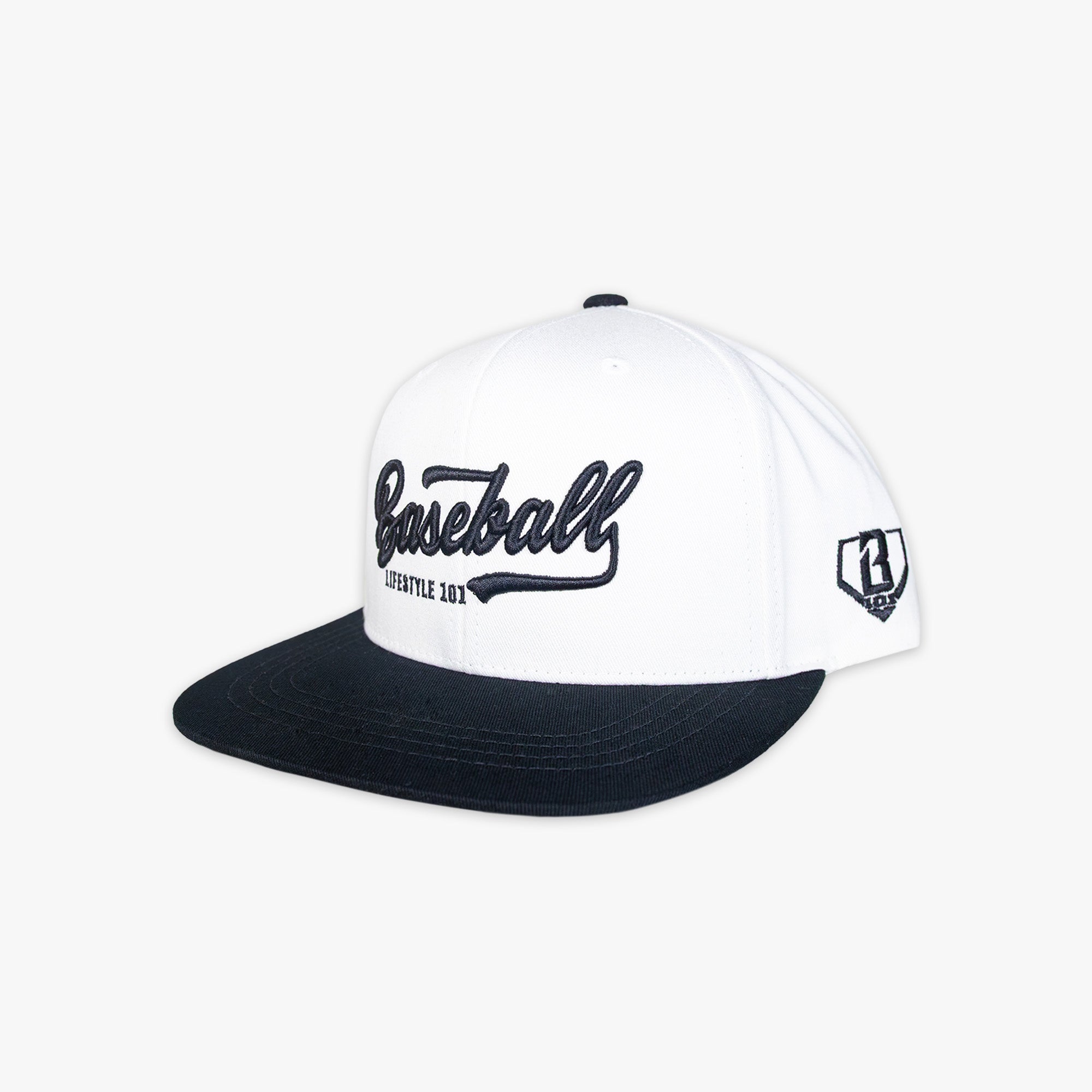White and black baseball cap with 'Baseball Lifestyle' text on a white background