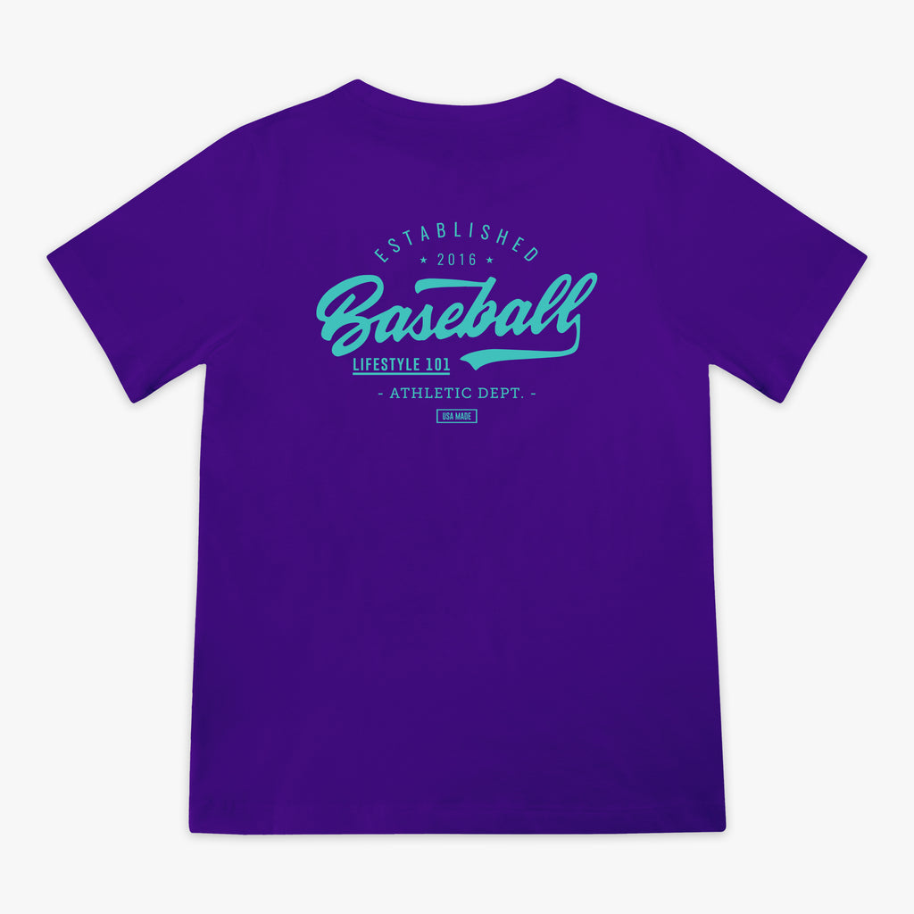 Purple t-shirt with blue 'Baseball Lifestyle 101' text 