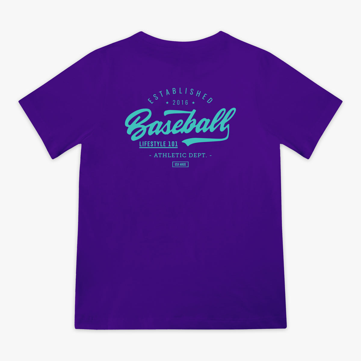Purple t-shirt with blue 'Baseball Lifestyle 101' text 