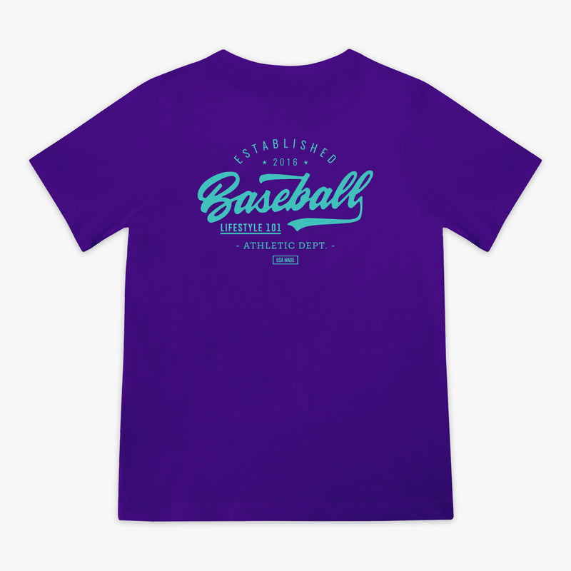 Purple t-shirt with blue 'Baseball Lifestyle 101' text 