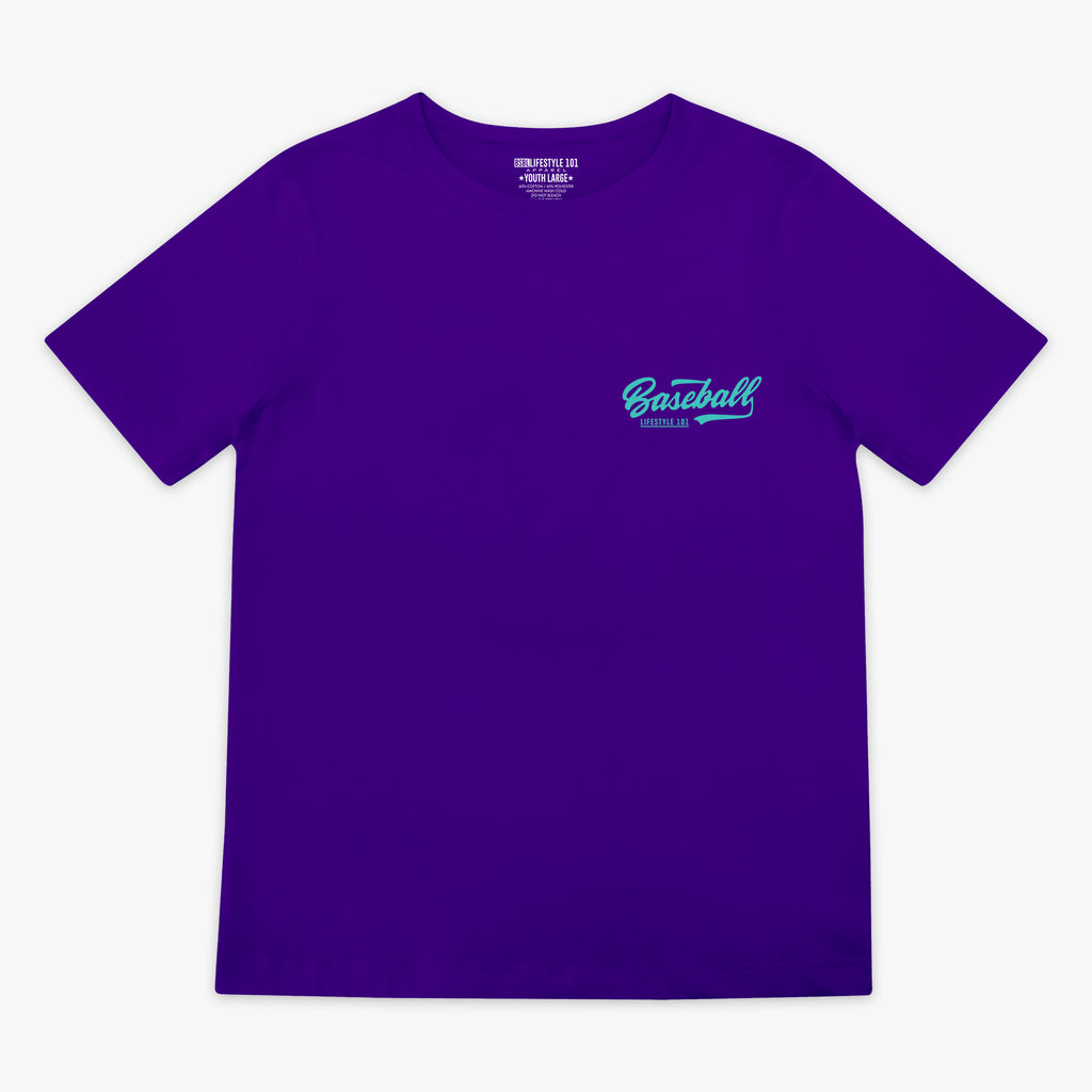 Purple t-shirt with 'Baseball Lifestyle 101' text in top corner