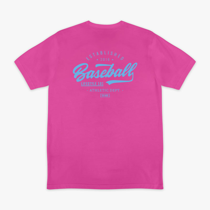 Pink t-shirt with blue 'Baseball' text on the back against a white background