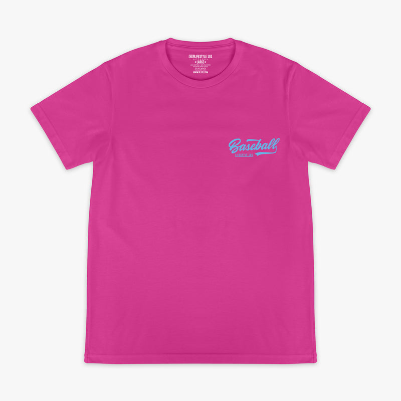 Pink t-shirt with blue 'Baseball Lifestyle' text in top corner