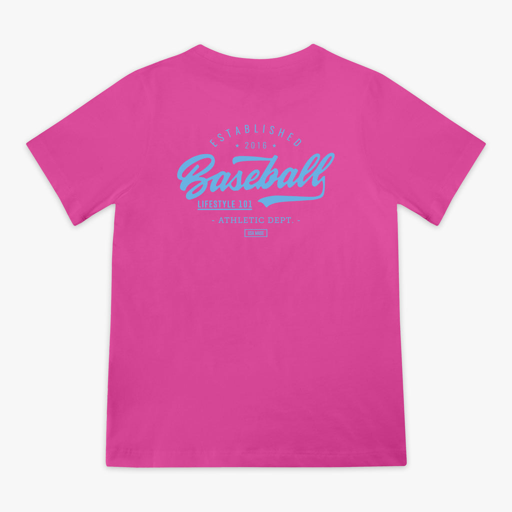 Pink t-shirt with blue 'Baseball Lifestyle 101' text in center
