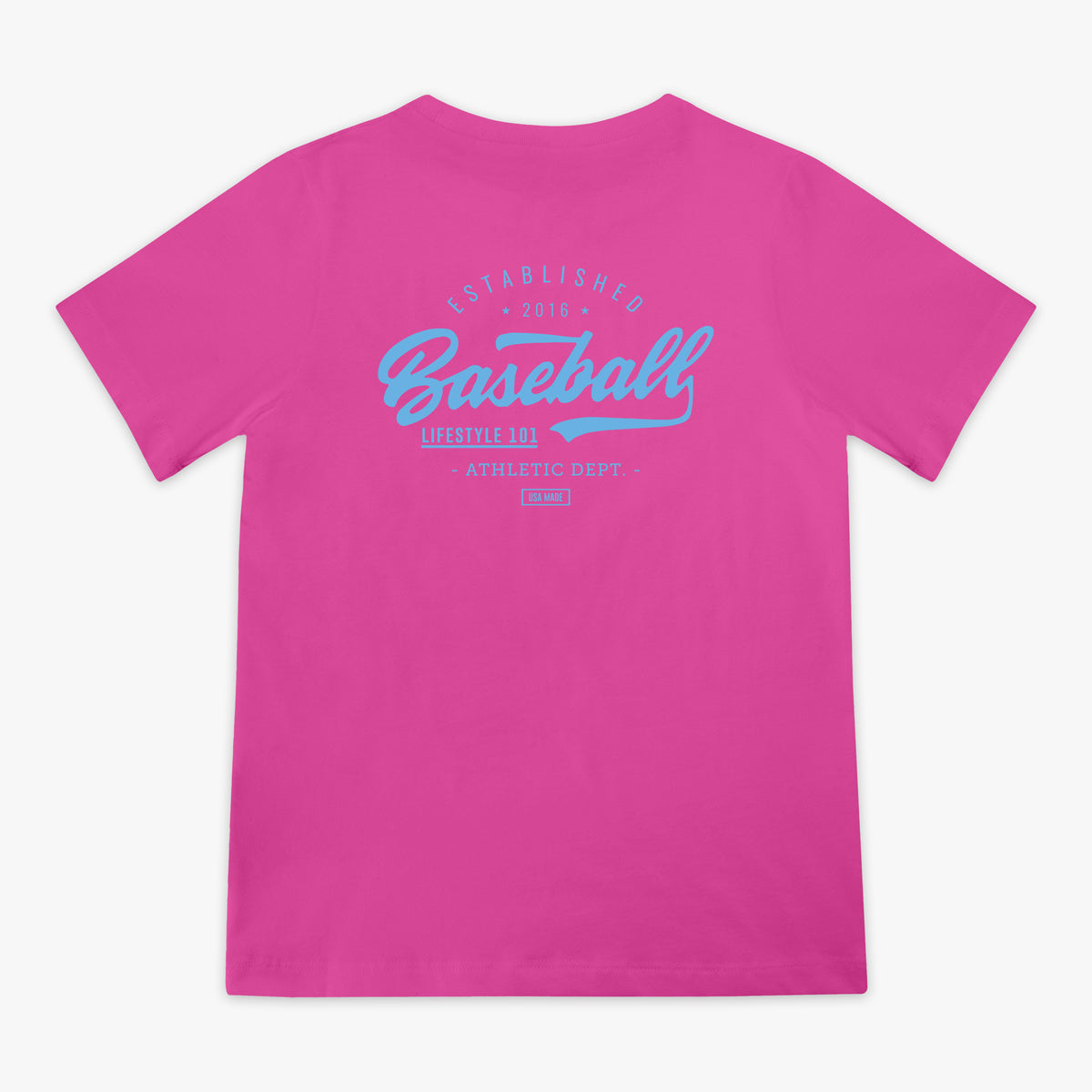 Pink t-shirt with blue 'Baseball Lifestyle 101' text in center