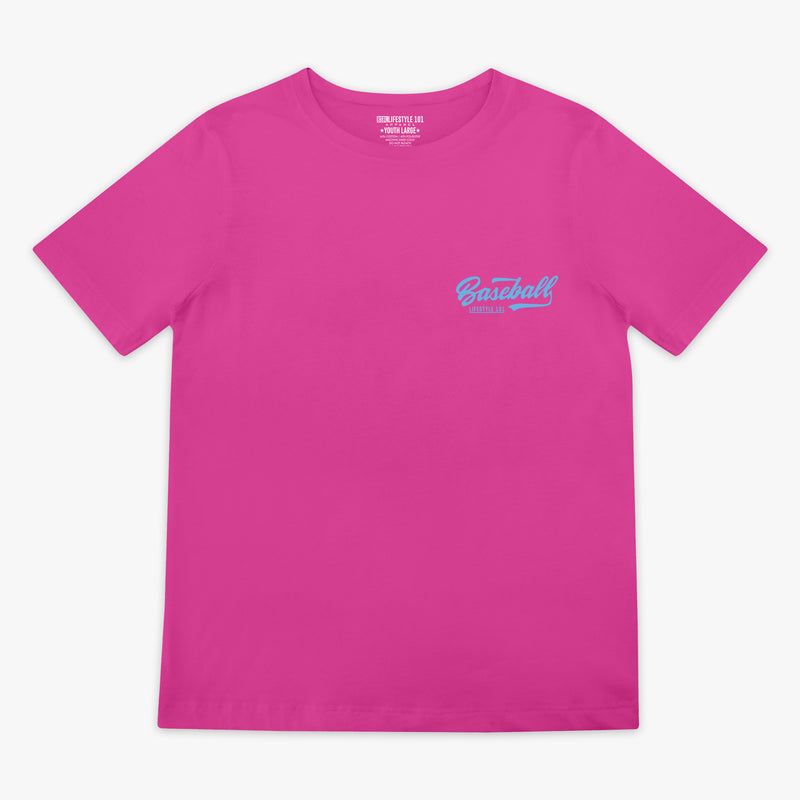 Pink t-shirt with 'Baseball Lifestyle 101' text in top corner