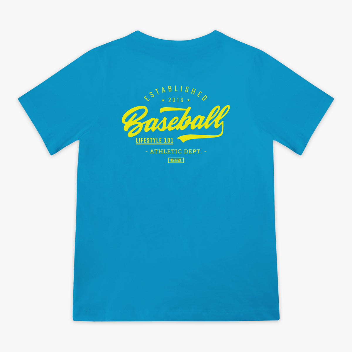 Blue t-shirt with yellow 'Baseball Lifestyle 101' text in center
